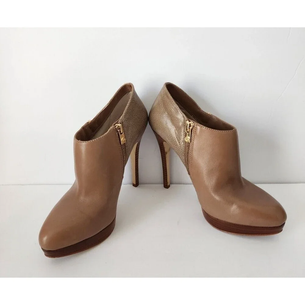 Women's Michael Kors York Double Zip Booties 8 M Dune Leather High Heels Shoes